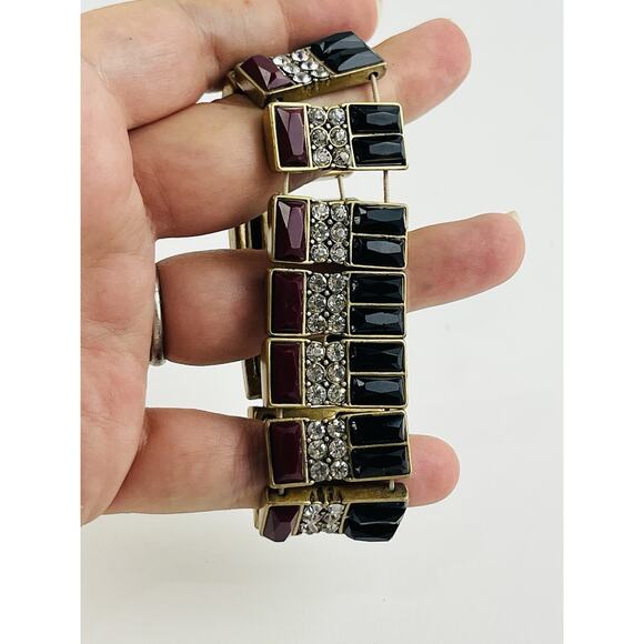J CREW Red Black Rhinestone Stretch Bracelet Gold Tone Chunky Band Maroon Party - Picture 3 of 7